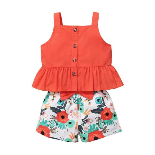 9 Months Baby Girls Clothes 12 Months Infant Baby Girls Summer 2PCS Outfits Sleeveless Ruffle Top Floral Shorts Set Red
