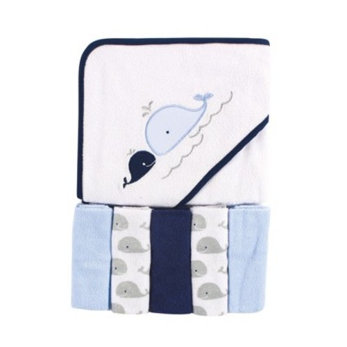 Luvable Friends Baby Boy Hooded Towel With Five Washcloths, Whale, One Size