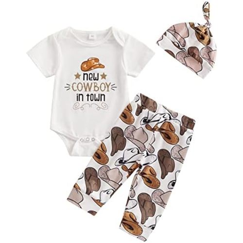 SAYOO Western Newborn Baby Boys Cowboy Outfit Cow Print Letter Bodysuit Long Leggings Cap 3pcs Infant Boy Country Clothes