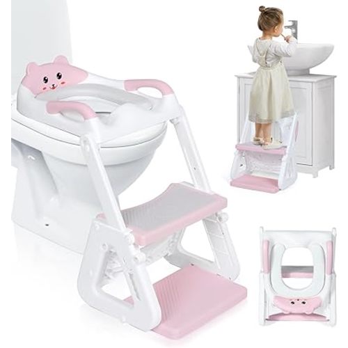 Orzbow 2-IN-1 Potty Training Toilet Seat with Step Stool for Toddler, Stability Training Potty Seat for Kids Boys Girls with Splash Guard and Anti-Slip Pad, Adjustable Ladder & Potty Seat Height, Pink