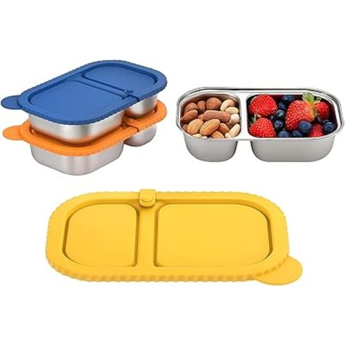 3 Pack Stainless Steel Snack Containers with Silicone Lids, 2 Compartment Food Storage for Office, Work, Travel, Meal Prep, Hiking, Picnic