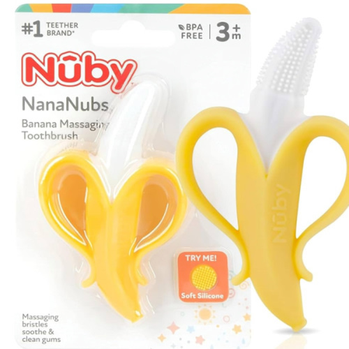 Nuby Nananubs Banana Massaging Teether – Baby Teething Toys 3 Months and Up, Silicone Teether for Sore Gums, Infant Toy, Baby Essentials, Brush, Travel Accessory, Gift for Babies
