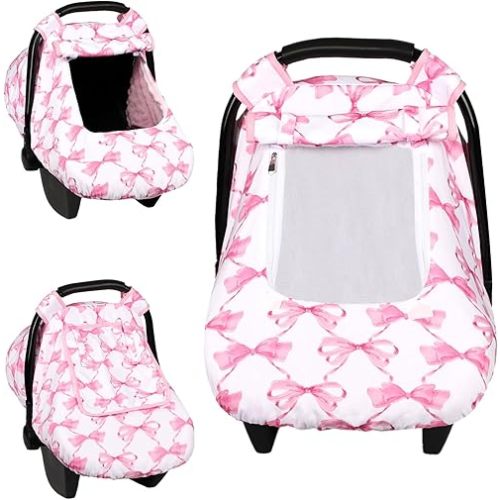Car Seat Cover Baby, HNHUAMING Infant Car Seat Covers Canopy for Baby Girl Boy, Cozy & Windproof Newborn Carseat Covers Minky Dot Backing Stroller Cover with Breathable Mesh Window, Pink Bow