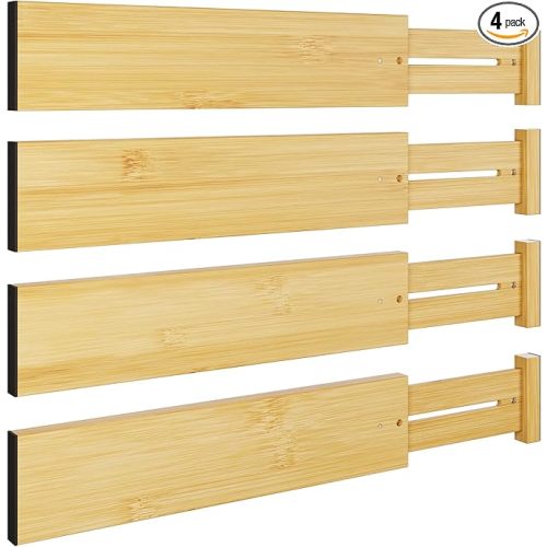 BAMEOS 4 pcs 3" High Bamboo Drawer Dividers Adjustable Drawer Organizer Expandable Drawer Organization Utensil Organizers for Kitchen Dresser Bathroom Bedroom and Office