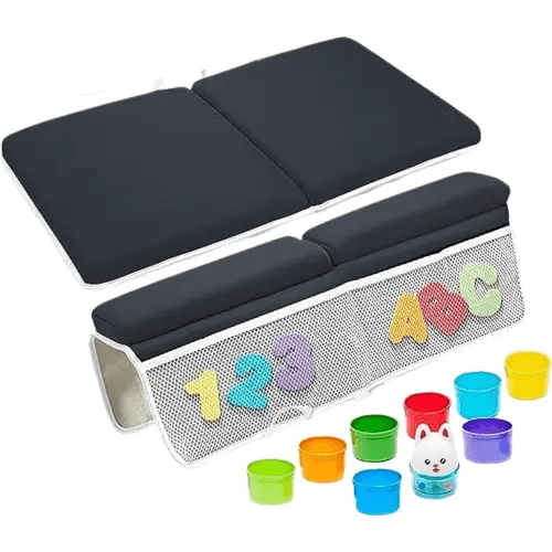 Baby Bath Kneeler and Elbow Rest Pad Set w/ Foam Letters Numbers & Cups - Complete Baby Bath Accessories - Painless Kneeling Pad for Bathing Baby - Quick Dry Baby Bath Cushion w/ Toy Organizer (Grey)