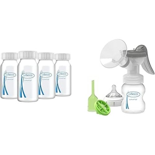 Dr. Brown's Milk Storage Bottles & Manual Pump Bundle – 4-Pack BPA-Free Bottles + SoftShape Manual Pump with 5 oz Bottle and Level 1 Nipple