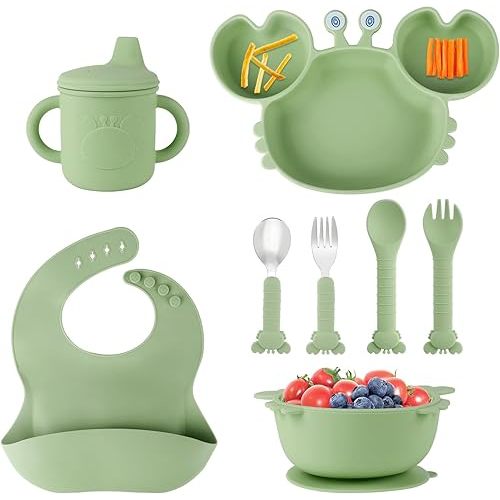 Silicone Baby Feeding Set with BPA-Free Suction Plates, Bowl, Silicone Bibs, Sippy Cup, 2 Set Forks and Spoons for Babies 8PCS Baby Led Weaning Supplies Self Feeding Utensils for Toddlers Kids (Green)