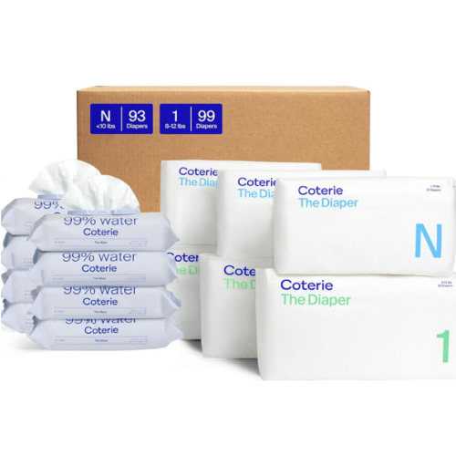 Coterie Baby Wipes + Diapers Kit, Size 1 (99 Count) & Size Newborn Diapers (93 Count), 8 Pack (448) Baby Wipes with 99% Water, Plant Based Materials, Hypoallergenic for Sensitive Skin