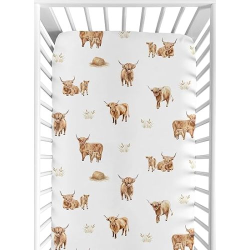 Sweet Jojo Designs Fitted Baby Crib Sheets (Boho Highland Cow) for Boys or Girls, Infant Nursery, Toddler Room - Standard Size (Farm Animal, Bohemian, Watercolor, Rustic Farmhouse, Gender Neutral)