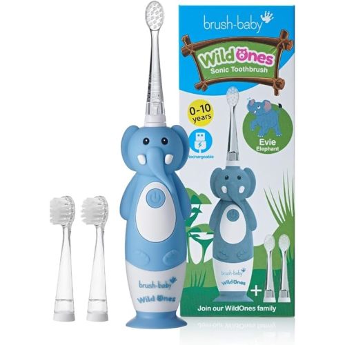 brush-baby WildOnes Kids Electric Rechargeable Toothbrush Elephant, 1 Handle, 3 Brush Heads, USB Charging Cable, for Ages 0-10 (Elephant)
