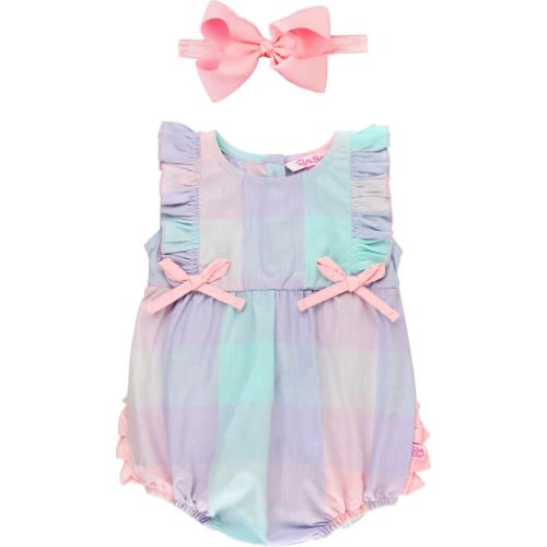 Baby Bubble Romper & Headband Set, 3-6M, Cotton Candy Plaid