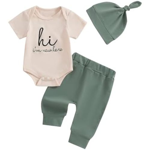 Newborn Baby Boy Girl Clothes Im New Here Printed Romper Bodysuit Pants Set with Hat Coming Home Hospital Outfits