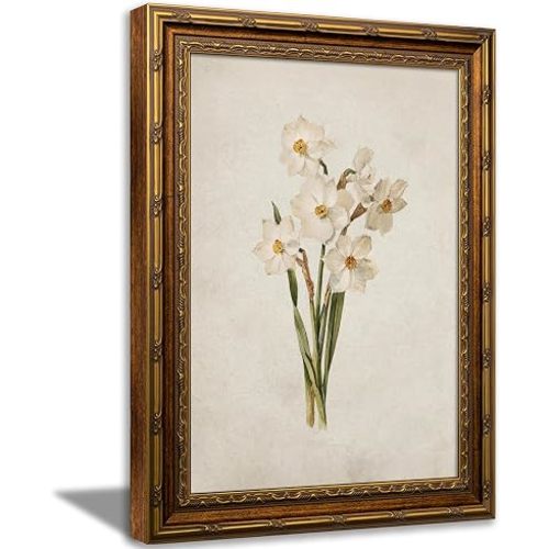 Vintage Gold Framed December Birth Flower Wall Art Vintage Narcissus Flowers Canvas Prints White Picture Wall Decor Narcissus Botanical Poster Artwork for Living Room Bedroom Granddaughter Birthday Gift 9x11in