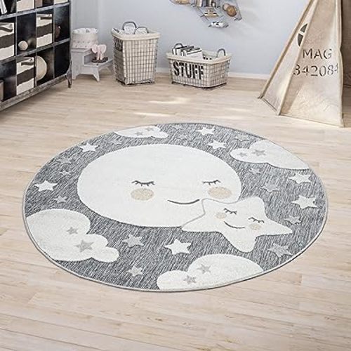 Paco Home Kids Rug Charming Moon & Stars in The Night Sky in Mottled Grey, Size: 5'3" Round