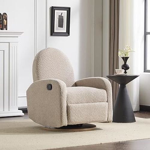 GDFStudio Swivel Glider Recliner Chair Nursery Rocker Recliner Chair with Boucle Upholstered High Back Single Seat Sofa Chair with Deep Seat Manual Nursing Reclining for Living Room, Almond