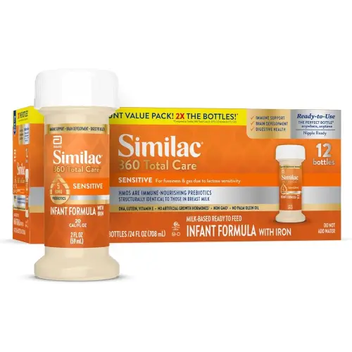 Similac 360 Total Care Sensitive Infant Formula for Fussiness & Gas Due to Lactose Sensitivity, Has 5 HMO Prebiotics, Non-GMO, Baby Formula, Ready to Feed, 2-fl-oz Bottle, Pack of 12