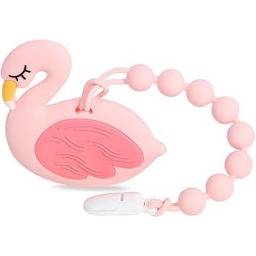 Baby Teething Toys,Food Grade Silicone Teether with One-Piece Pacifier Clip Holder,Baby Gift,Highly Effective Pain Relief for 3 Months+ Boy and Girl,BPA Free,Freezer Safe. (Pink Flamingo)