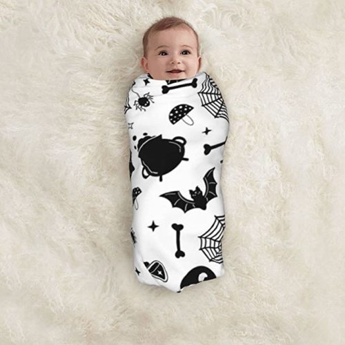 Christmas Halloween Bat Goth Pumpkin Skull Newborn Baby Swaddle Blanket Christmas Muslin Wrap Receiving Blankets Soft Large Swaddle Receiving Gifts for Baby Boy Girl - Halloween Moon - One Size