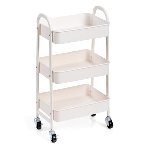 AGTEK 3-Tier Rolling Carts with Wheels, Rolling Utility Cart with Iron Frame for Kitchen, Plastic Shelves, Living Room, Office, White