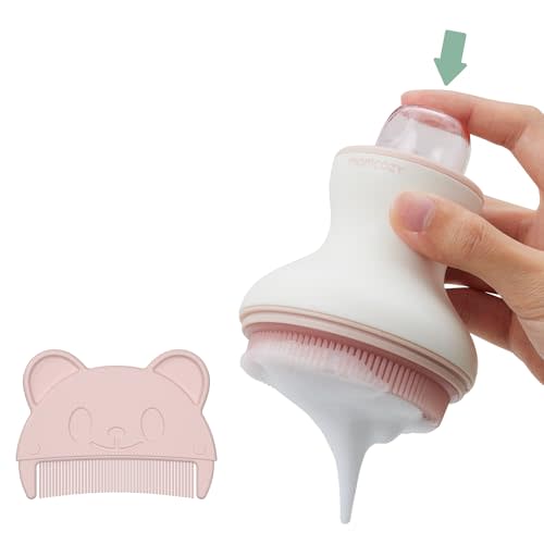 Momcozy﻿ Innovative Cradle Cap Brush with Pump, 2-in-1 Baby Cradle Cap Brush with Bubbler, Newborn Cradle Cap System, Shampoo Brush Baby Bath Essential Foamer Brush, Baby Hair Brush, Pink