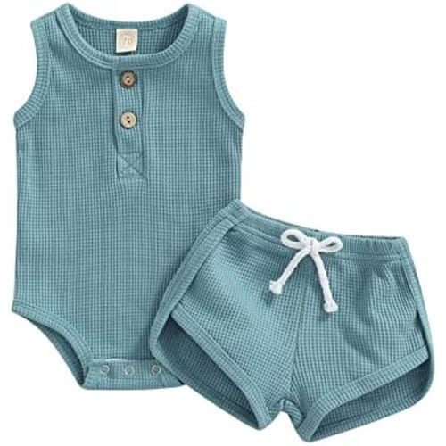 Ledy Champswiin Summer Newborn Baby Boy Girl Clothes Set Ribbed Outfits Unisex Infant Solid Short Sleeve Tops Shorts 2PCS