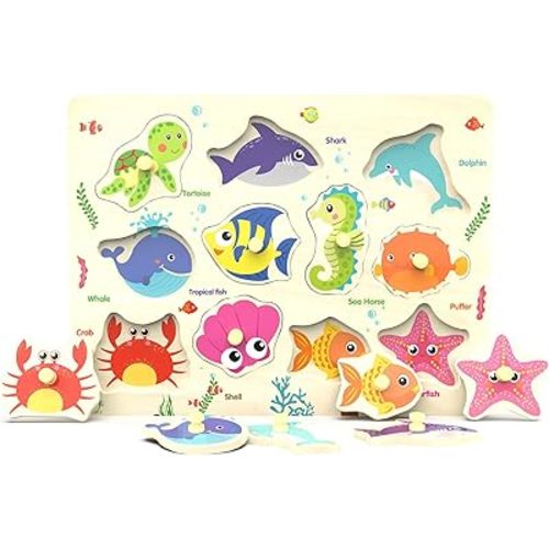 Wooden Peg Puzzle, Sea Creature Chunky Baby Puzzles, Colorful Wood Shape Puzzle Peg Board, Animal Knob Puzzle for Educational Toddlers 18 Months and Up, 11 Pieces