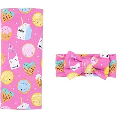 Little Sleepies Newborn Swaddle + Headband Set, Viscose Derived from Bamboo Baby Wrap, Luxe Pink Cookies & Milk
