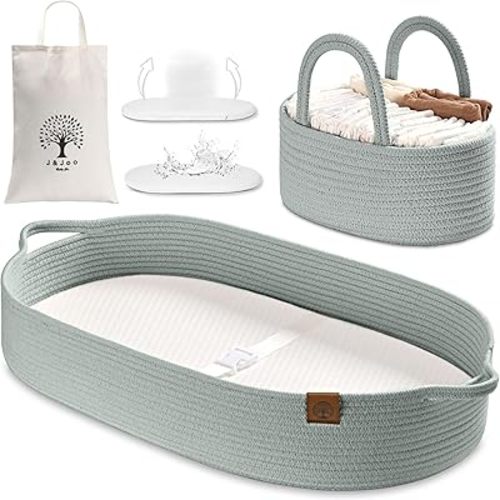 J&JOO Baby Changing Basket Set Included Diaper Caddy- Breathable & Waterproof Dual Cover, Portable, Foldable, Changing Table Topper Changing Pad for Dresser, Dipaer Changing Station