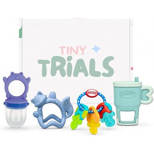 Teether Trial Pack Variety Box for Babies – 4 Baby-Safe Teething Toys & Sensory Teethers for Teething Relief (Nuby, Lansinoh x b.Box, Dr. Brown's) – Baby Registry Must-Have, Tiny Trials