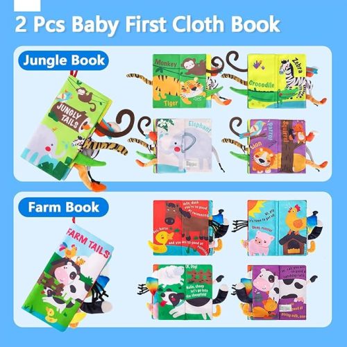 beiens Baby Books 0-6 Months, 2PCS Baby Toys 0-3-6-12-18 Months, Touch Feel Sensory Cloth Crinkle Soft Books, Tummy Time Toys, Infant Newborn Toys, Baby Boy Girl Shower Gifts Stroller Toys - 2 IN 1