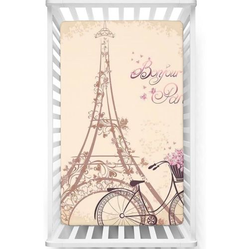 Paris Themed Fitted Crib Sheet,Standard Crib Mattress Fitted Sheet Ultra Soft Material-Crib Mattress Sheet or Toddler Bed Sheet,28“ x52“,Cream Pink