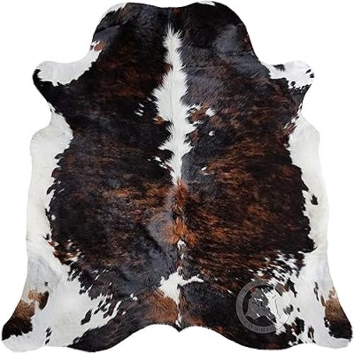 Sunshine Cowhides Genuine Cowhide Rug - Rustic Cowskin Carpet for Living Room, Bedroom, Dining, & Office - Thick Animal Skin for Floor, Wall, Table Décor - Large Dark Brindle Tricolor (6x6-7ft)
