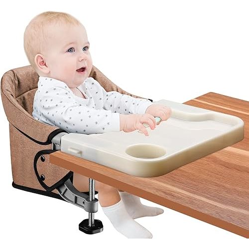 Hook On High Chair with Removable Dining Tray, Folding Portable Clip on Table High Chair, Baby Chair with Storage Bag for Indoor/Outdoor (Brown)
