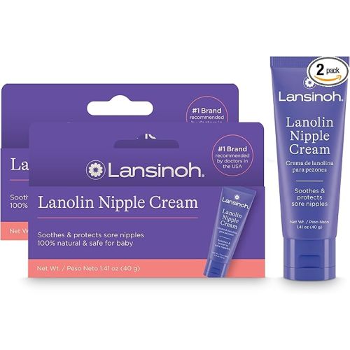 Lansinoh Lanolin Nipple Cream for Breastfeeding Moms, 2 Pack of 100% Natural Nipple Butter, Safe for Baby, Soothes Sore Nipples, 1.41 oz Each