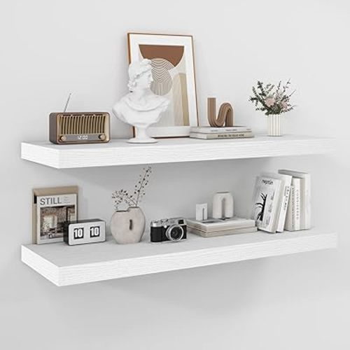 Fun Memories 2 Pack Rustic Wooden Floating Shelves, Wall Mounted, 12 Inch White, 36" W x 12" D x 1.8" H