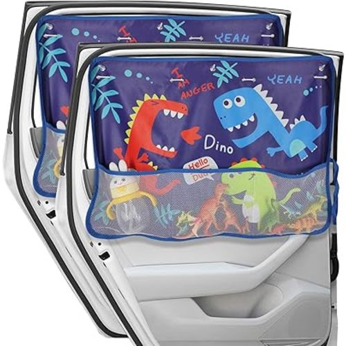 Car Window Shade for Baby, 2 Pack Car Sun Shades with Storage Net Pocket Car Window Curtain 7 Suction Cups Blue Dinosaurs for Sun/Heat/UV Rays Protection Kids, XP-7BU