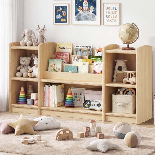 ROGALIS 3‑Tier Wooden Montessori Shelf, Toddler Low Bookcase & Toy Storage Organizer, Baby Furniture w/Rounded Corners, Anti‑Tip for Kids Room Nursery Playroom Classroom Kindergarten, Natural