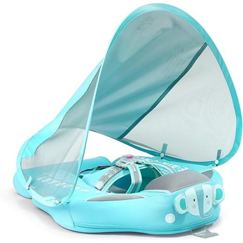 Mambobaby Baby Swim Float with Canopy & Tail Infant Pool Float Non-Inflatable Toddler Swim Float with Skin-Friendly Material for 3-24 Months Baby Boys Grils Elephant Blue