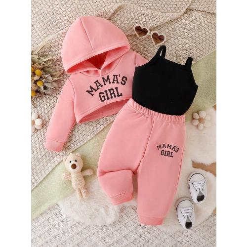 Baby Girl Casual Sports Style Hoodie, Vest And Pants Set With Minimalist Letter Print For Spring And Autumn