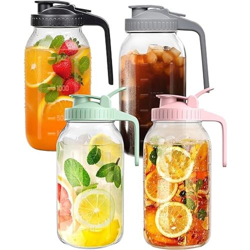64oz Large Glass Pitcher with Lid & Spout,2 Quart Breastmilk Pitcher Upgraded Leak Proof, for Sun Tea, Iced Juice, Cold Brew Coffee, Breastmilk Storage Container-4PACK(Black+Gray+Pink+Green)