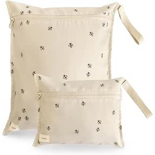 mushie Water Resistant Wet Bags | Large & Small Reusable Storage Bag for Baby Items and Travel | Zippered Pockets with Handle | Machine Washable, Set of 2 (Bees)
