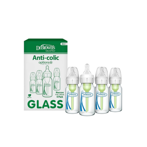 Dr. Brown's Anti-Colic Options+ Narrow Glass Baby Bottle with Level 1 Slow Flow Nipple, BPA-Free, 4 oz/120mL, 4-Pack