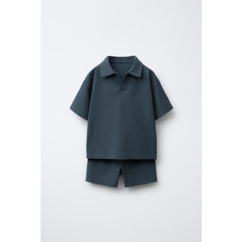 SOLID POLO AND BERMUDA JOGGING SET - Blue | ZARA United States