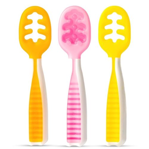 NumNum Baby Spoons Set, Baby Essentials Pre-Spoon GOOtensils for 6+ Months, First Stage Self-Feeding Spoons for Baby Led Weaning (BLW), Silicone Toddler Utensils, BPA-Free, 3 Pack Tropical Paradise