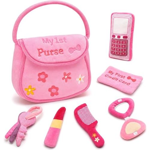 My First Pink Purse Plush, Baby Purse Set with 6 Pcs Makeup Plushies for Toddlers, First Birthday Gifts for Girls