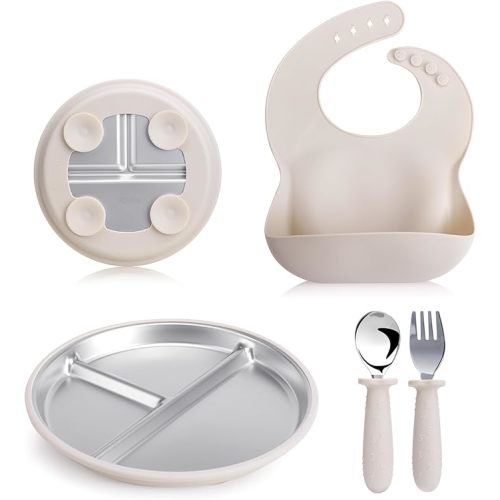 Stainless Steel Kids Plates & Spoon Set with Silicone Bibs–9”Divided Toddler Plates with Removable Suction Cups,Non-Toxic & BPA Free,Non Slip,Dishwasher Safe,Unbreakable baby plates(beige)