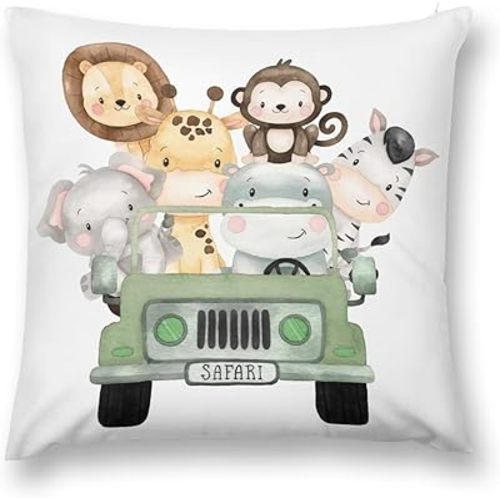 HawSkgFub Baby Boy Girl Nursery Safari Animal Truck Decorative Pillowcase Throw Pillow Cover, Jungle Cushion Case Bedroom Playroom Baby Shower Decor, Elephant Zebra Giraffe Lion Neutral Kid Gift 18x18