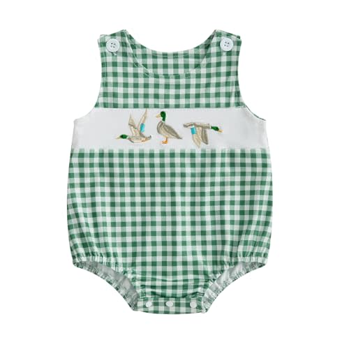 DSOKUHIB Newborn Baby Boy Summer Clothes Mallard Duck Embroidery Bubble Romper Plaid Sleeveless Bodysuit Hunting Outfit