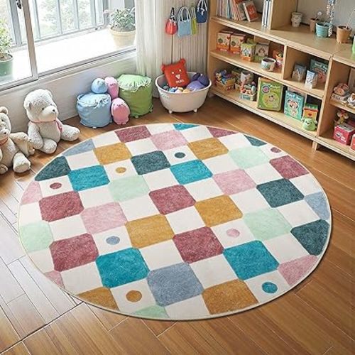 jinchan Round Rug 5ft Kids Washable Rug Colorful Trellis Indoor Floor Cover Non Slip Soft Modern Living Room Diamond Carpet for Nursery Room Bedroom Playroom Confetti on Cream
