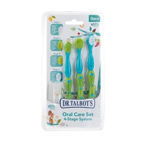 Dr. Talbot's Oral Care Set with Stand; 4-Stage System with 1 Silicone Finger Massager, 2 Massaging Brushes, 1 Soft Nylon Bristle Toddler Toothbrush; 0+ Months, Blue & Aqua